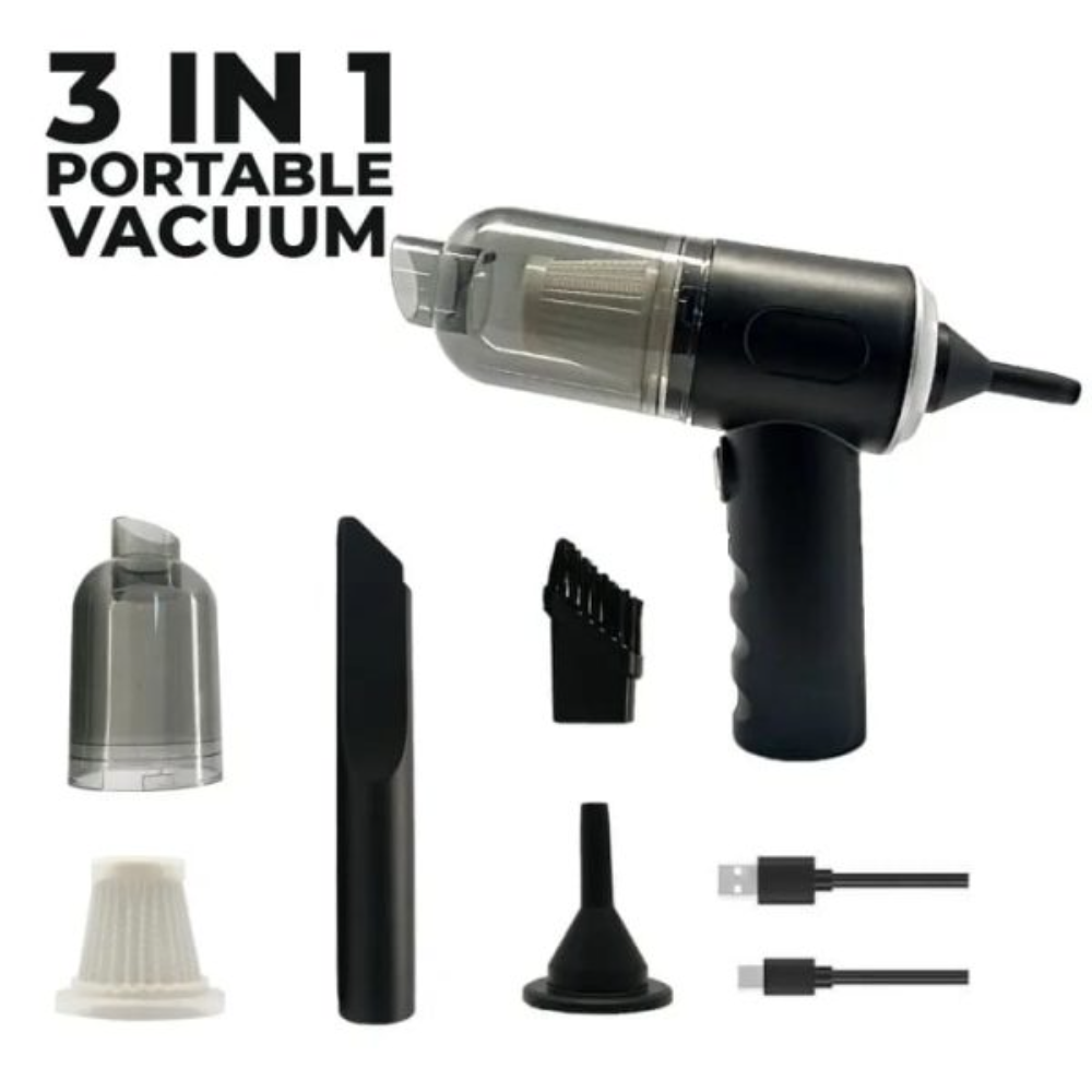 3-in-1 Rechargeable Car Vacuum, Blower & Balloon Pump – Wireless Mini Cleaner for Home, Car & More