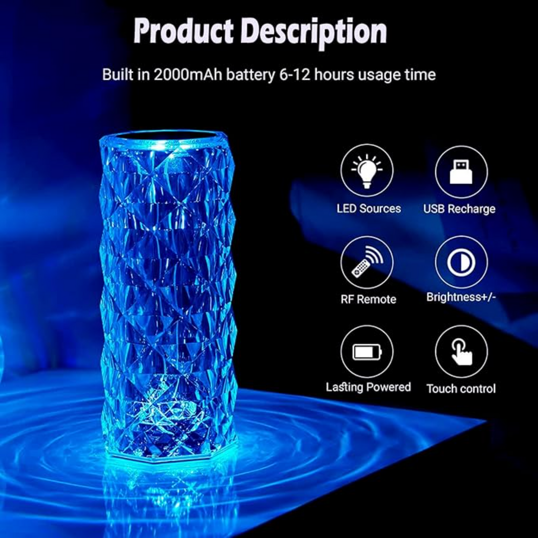 Diamond Rose Crystal Lamp 16 Color Changing ( With Remote) Touch Lamp Usb Rechargeable